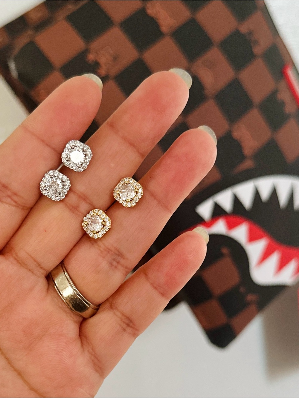 Unisex 2 pair- Gold and Silver Cubic Zirconia Halo Stud Earrings.Elegant Jewelry
